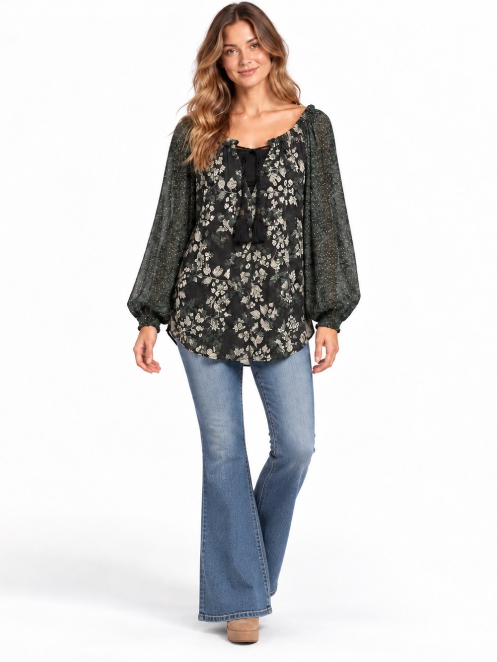 Free People Black Green Floral Mixed Print Boho Peasant Blouse